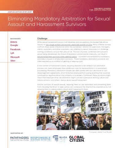 Front page of Business Leaders for Justice Coalition: Eliminating Mandatory Arbitration for Sexual Assault and Harassment Survivors