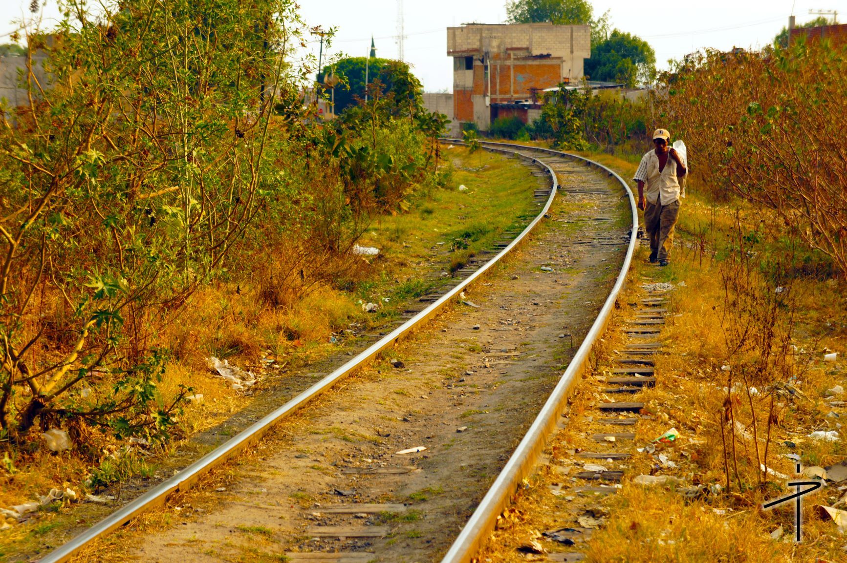 Poor man walking next to train tracks