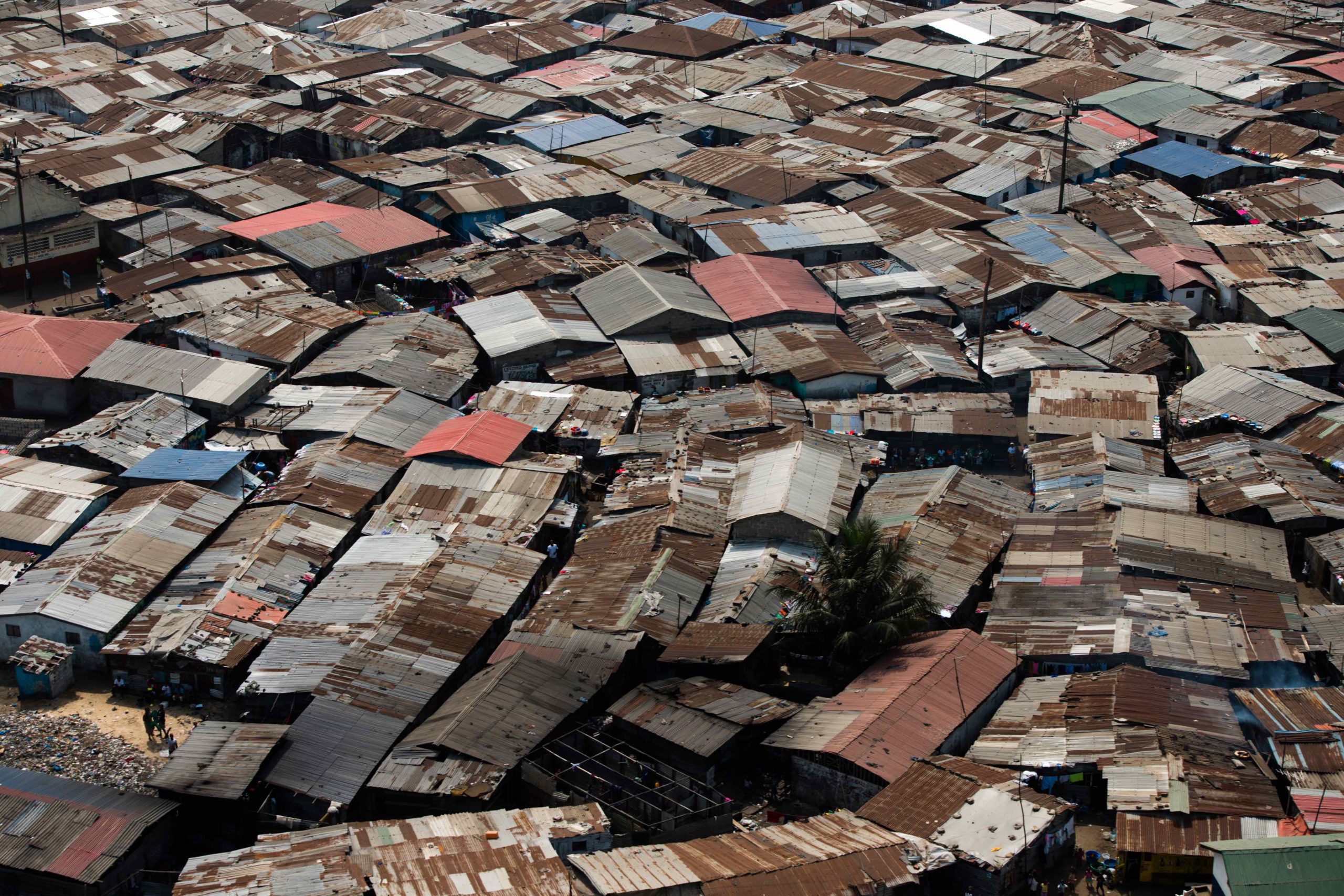 Aerial view of shacks in a poor city