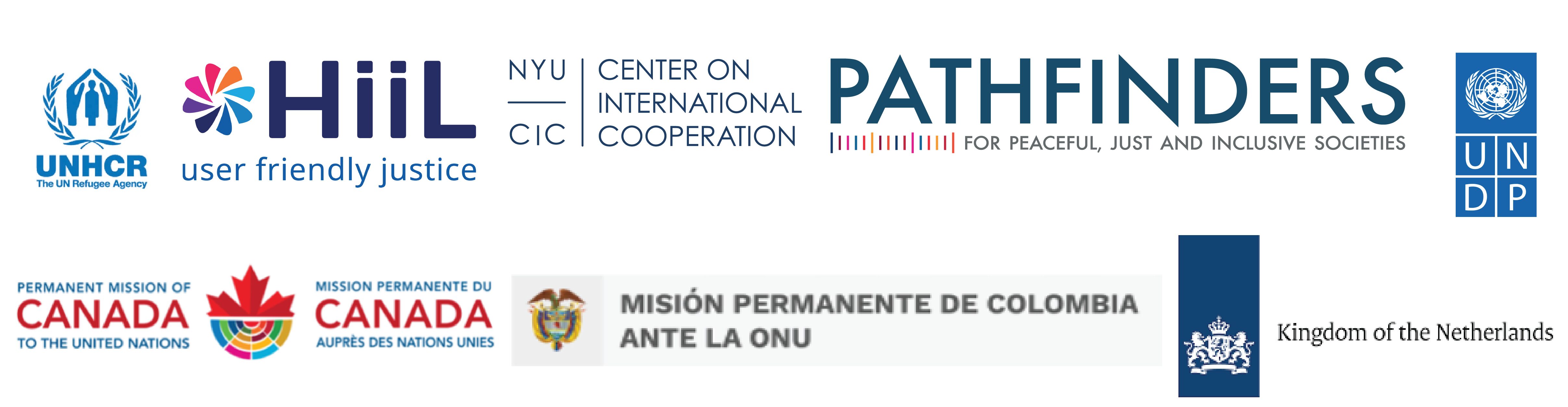 Graphic consists of eight logos of organizations co-hosting the event: UNHCR, HiiL, NYU CIC, Pathfinders, UNDP, Permanent Mission of Canada to the UN, Permanent Mission of Colombia to the UN, Kingdom of the Netherlands