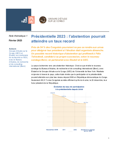 French analysis note by Ebuteli and the Congo Research Group on recent January 2023 polling of Congoloese sentiments regarding the upcoming presidential election in the Democratic Republic of Congo. 