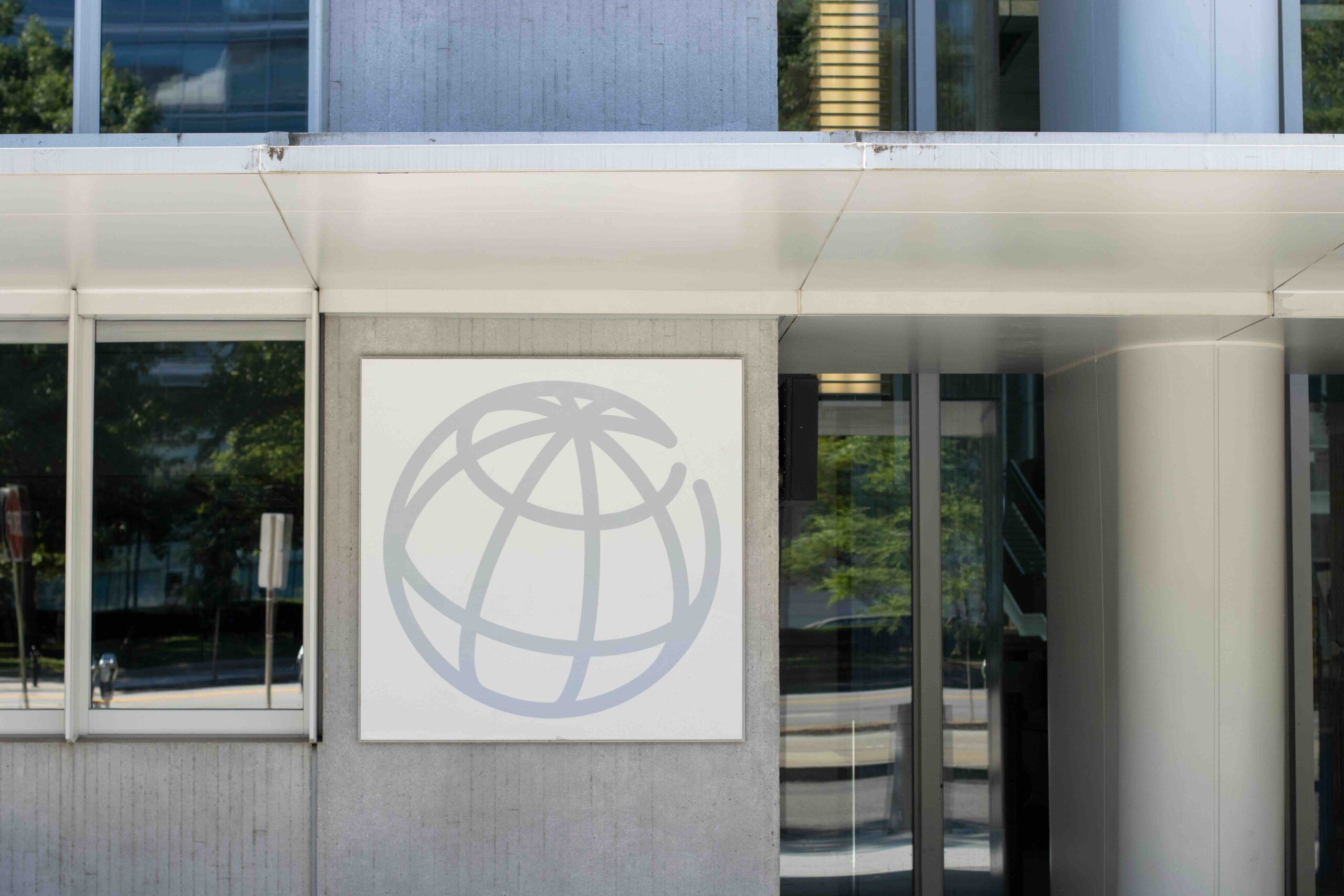 World Bank Logo on the side of the headquarters building in Washington D.C.