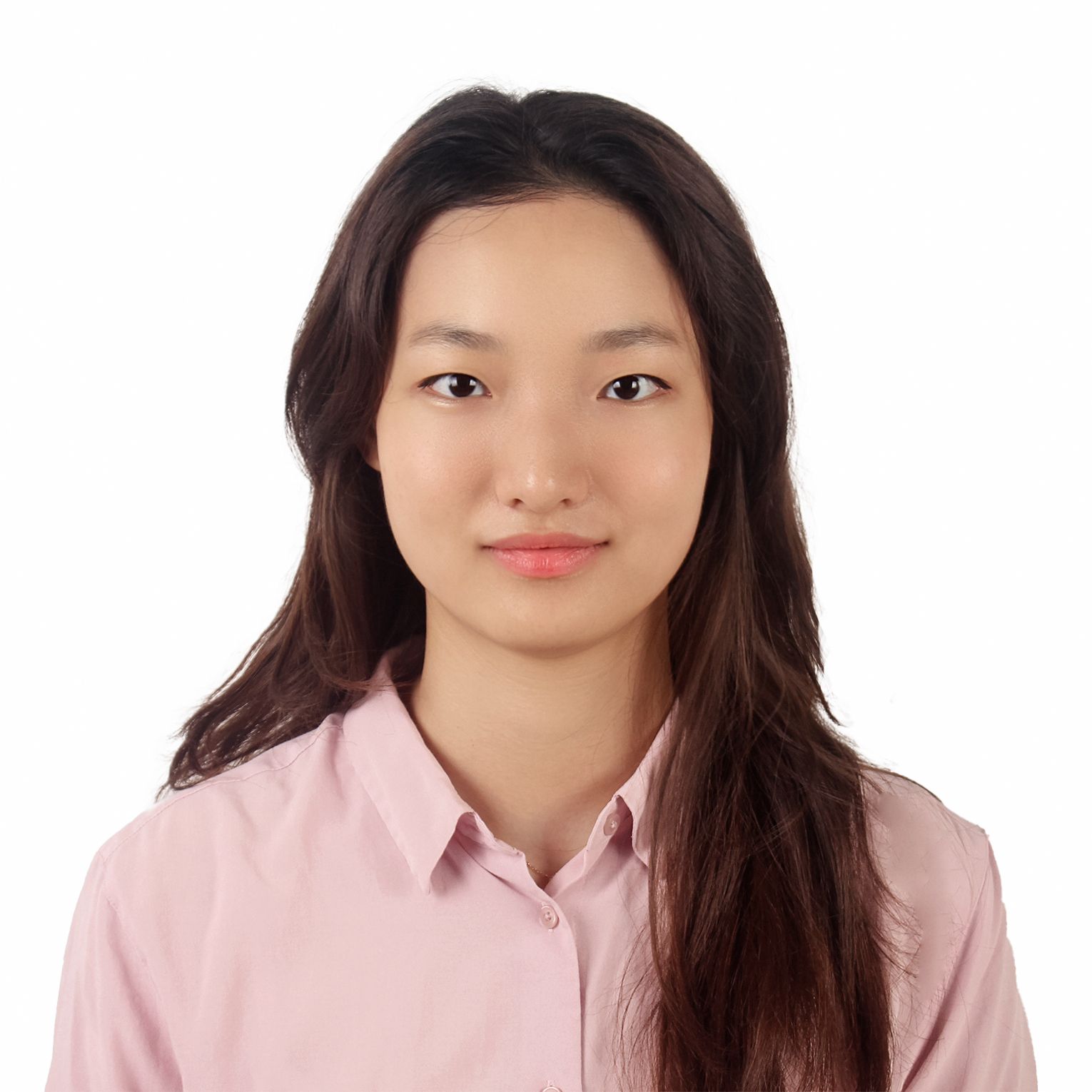 Headshot of an Asian woman with long brown hair wearing a pink collared shirt.