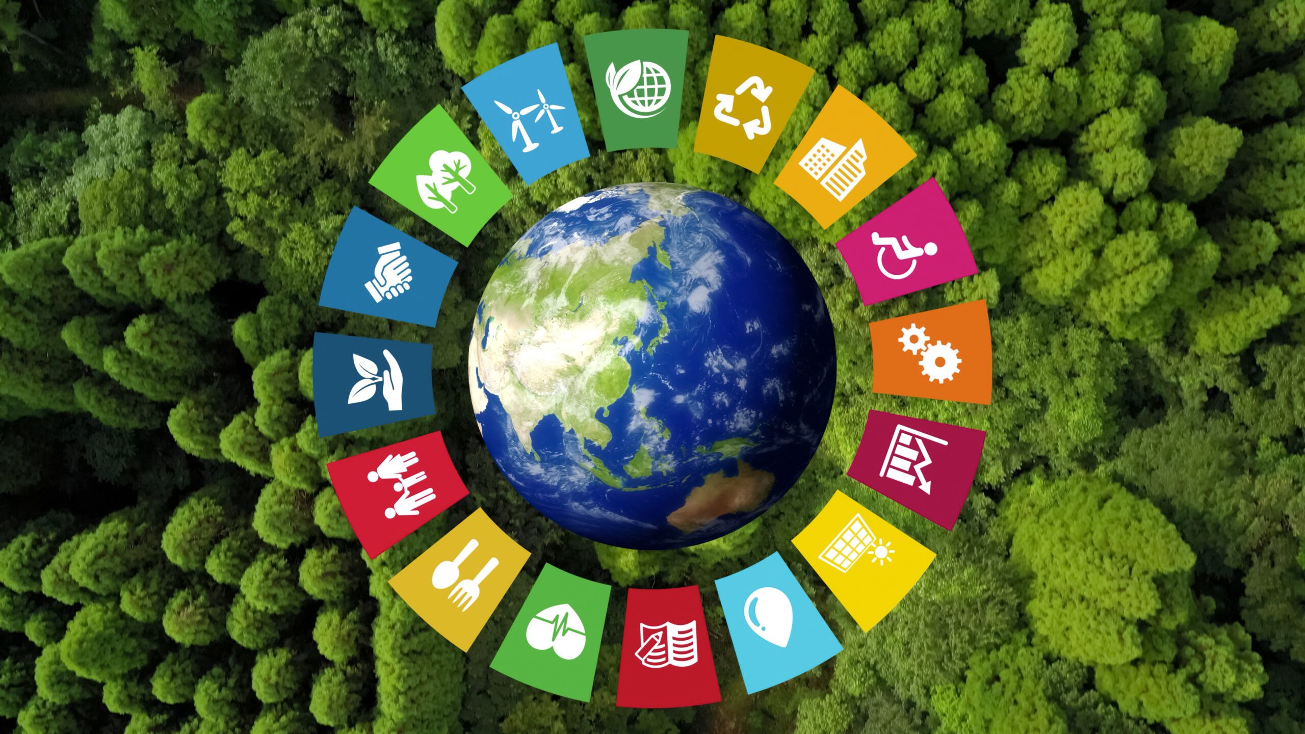 A globe surrounded by colorful symbols representing the 17 Sustainable Development Goals, set against a lush green forest backdrop.