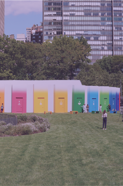 Different colored doors representing the different Sustainable Development Goals on the lawn of the UNHQ in New York.