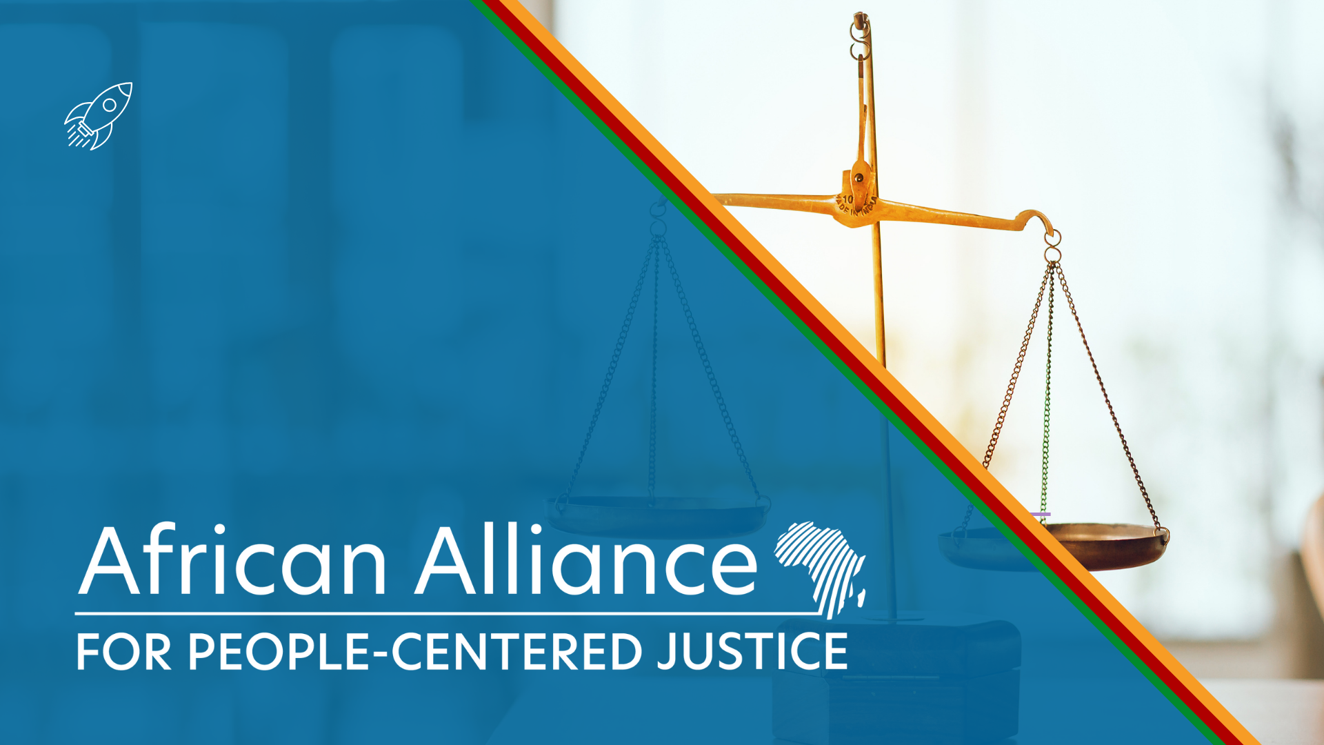 African Alliance for People-Centered Justice logo on a blue background, with justice scales photo. Rocket icon in the top right.