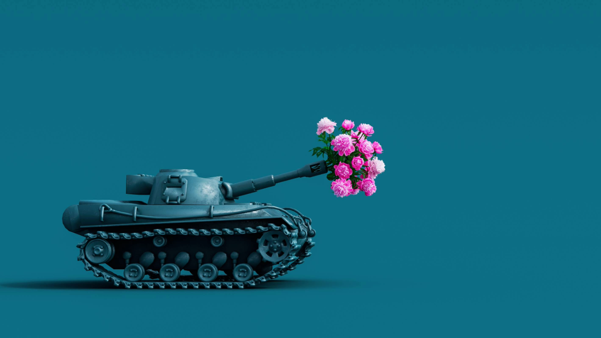 War vehicle using flowers as a weapon. Peace concept background 3D Rendering, 3D Illustration.