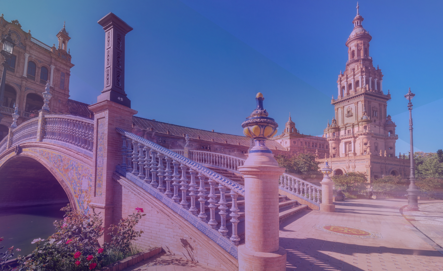 Purple gradient over a photo of a public landmark in Sevilla, Spain