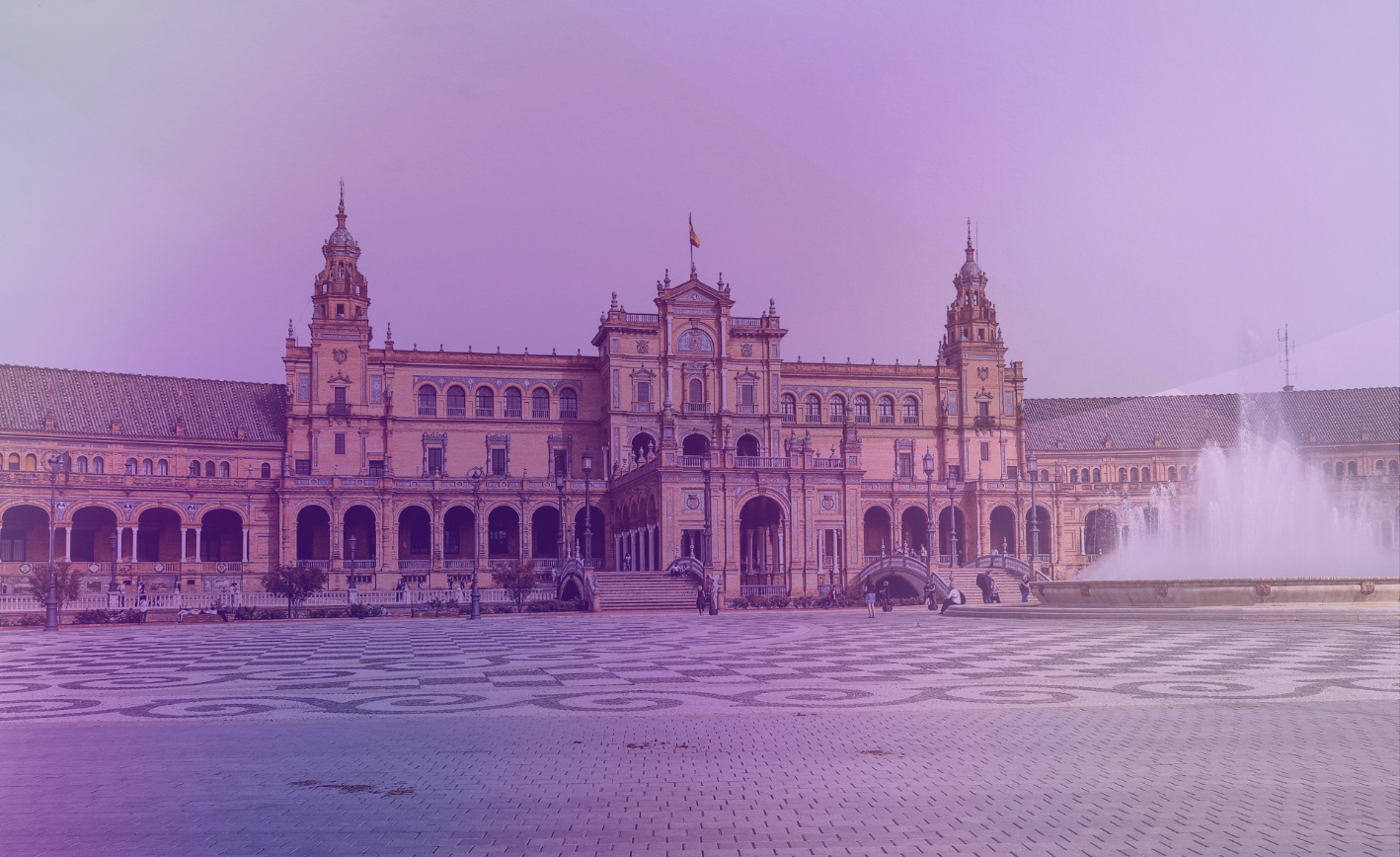 Purple gradient over a photo of a public landmark in Sevilla, Spain