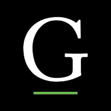 The letter G in white over a green line on a black background.