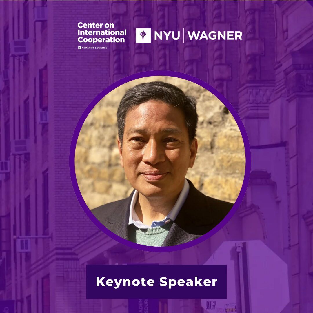 Text: "Keynote Speaker." Headshot of a person in a gray suit and blue shirt with black hair in a circle. NYU CIC and Wagner logos in white at the top. Purple fade over a streetview photo of Lafayette Street in NYC.