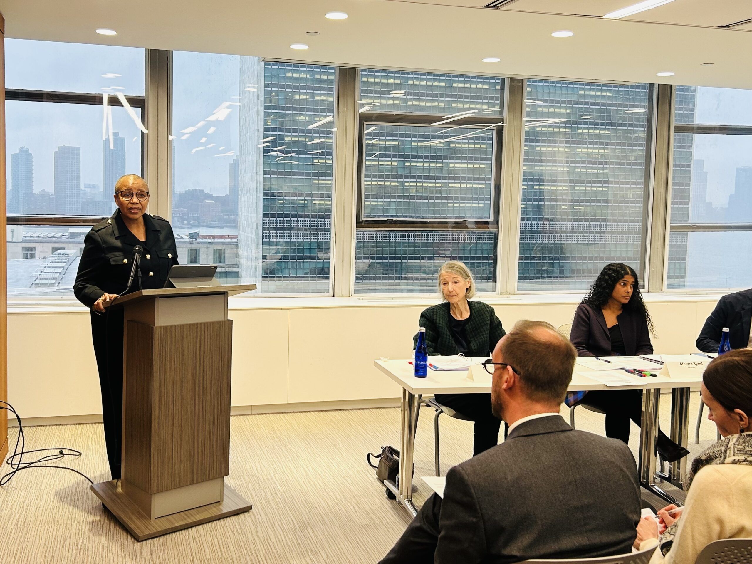 Person standing at a podium speaking in front of windows facing the UNHQ in New York.