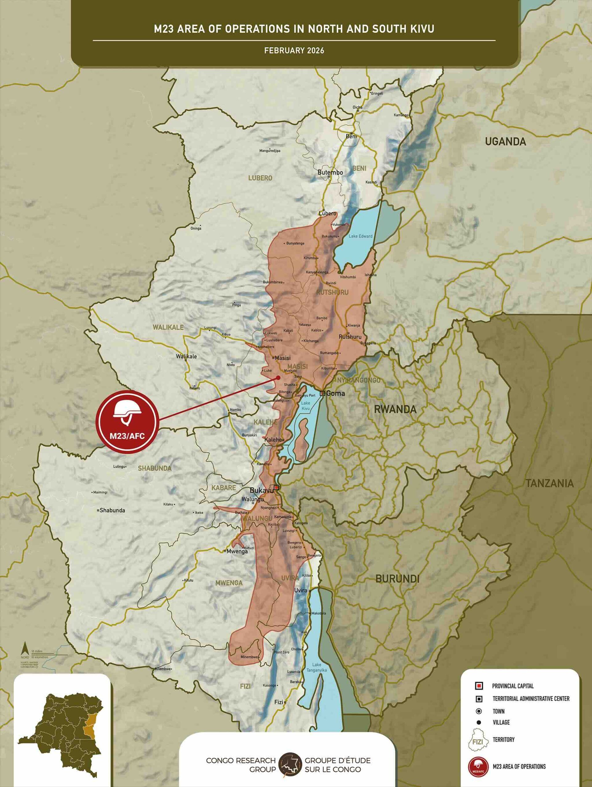 Geographic map of M23's area of operations in North and South Kivu.
