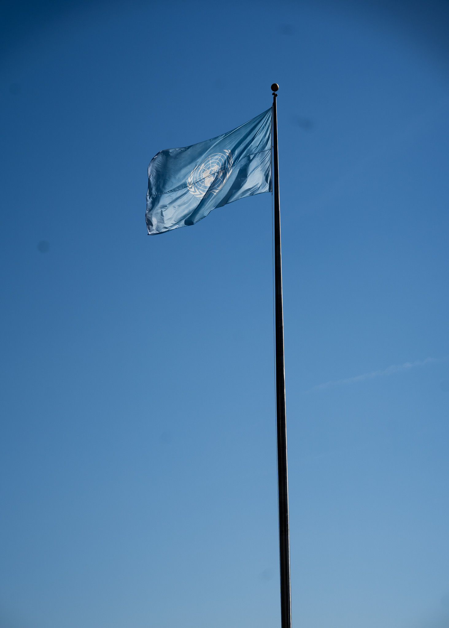 UN flagpole flying across a blue sky.