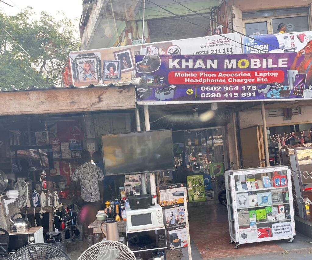 Close-up of shops in Ghana.