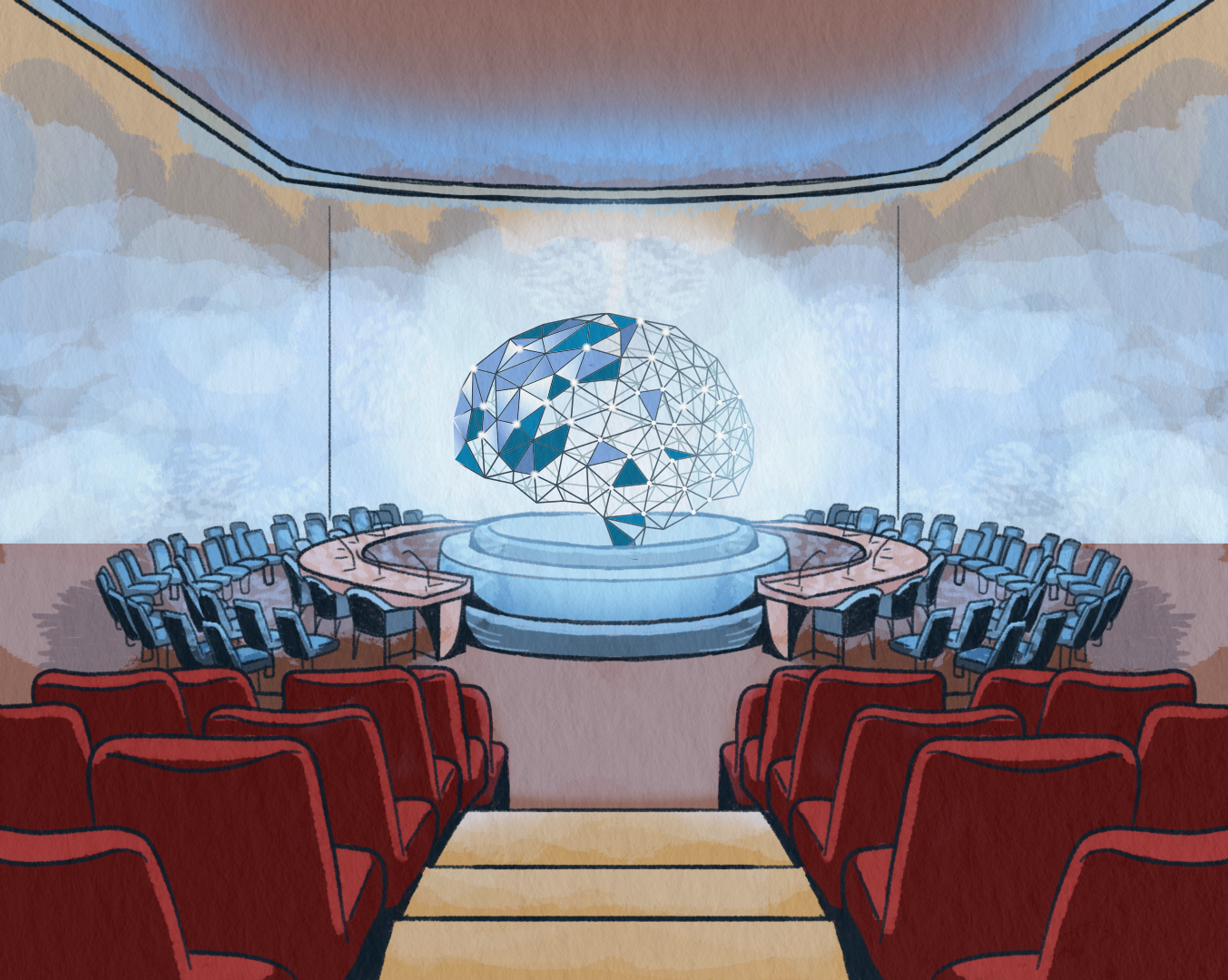 Illustration of a digital brain sitting in the UN Security Council room.