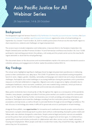 Front page of Asia Pacific Justice for All Webinar Series 2021 – Outcome Document