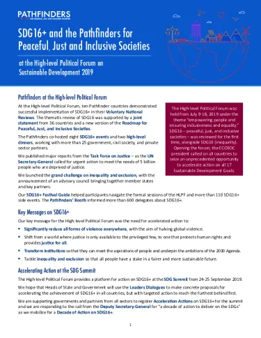 Front page of SDG16+ and the Pathfinders for Peaceful, Just and Inclusive Societies at the High-level Political Forum on Sustainable Development 2019