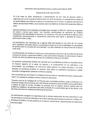 Front page of Declaración sobre igauldad de acceso a justicia para todos en 2030