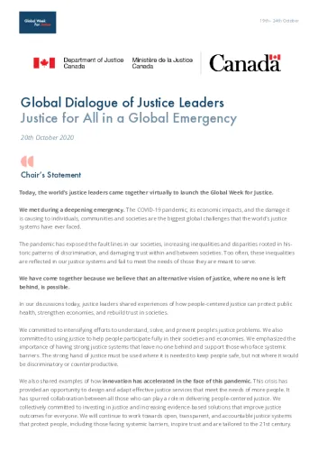 Front page of Global Dialogue of Justice Leaders: Justice for All in a Global Emergency (Chair’s Statement)
