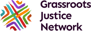 Grassroots Justice Network text in black next to an abstract circle logo