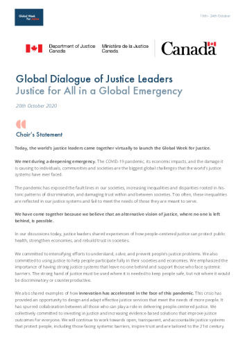 Front page of Global Dialogue of Justice Leaders: Justice for All in a Global Emergency (Chair's Statement)