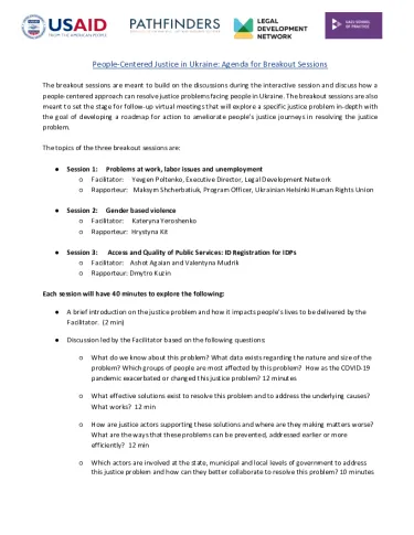 Front page of People-Centered Justice in Ukraine: Agenda for Breakout Sessions