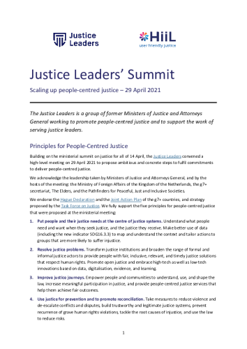Front page of Justice Leaders’ Summit: Scaling up people-centred justice – 29 April 2021