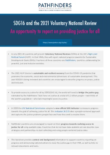 Front page of Fact Sheet: SDG16 and the 2021 Voluntary National Review – An opportunity to report on providing justice for all