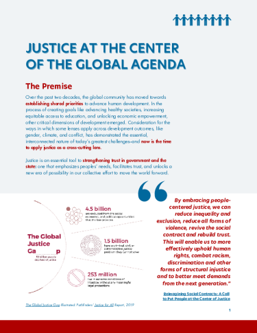 Front page of Justice at the Center of the Global Agenda