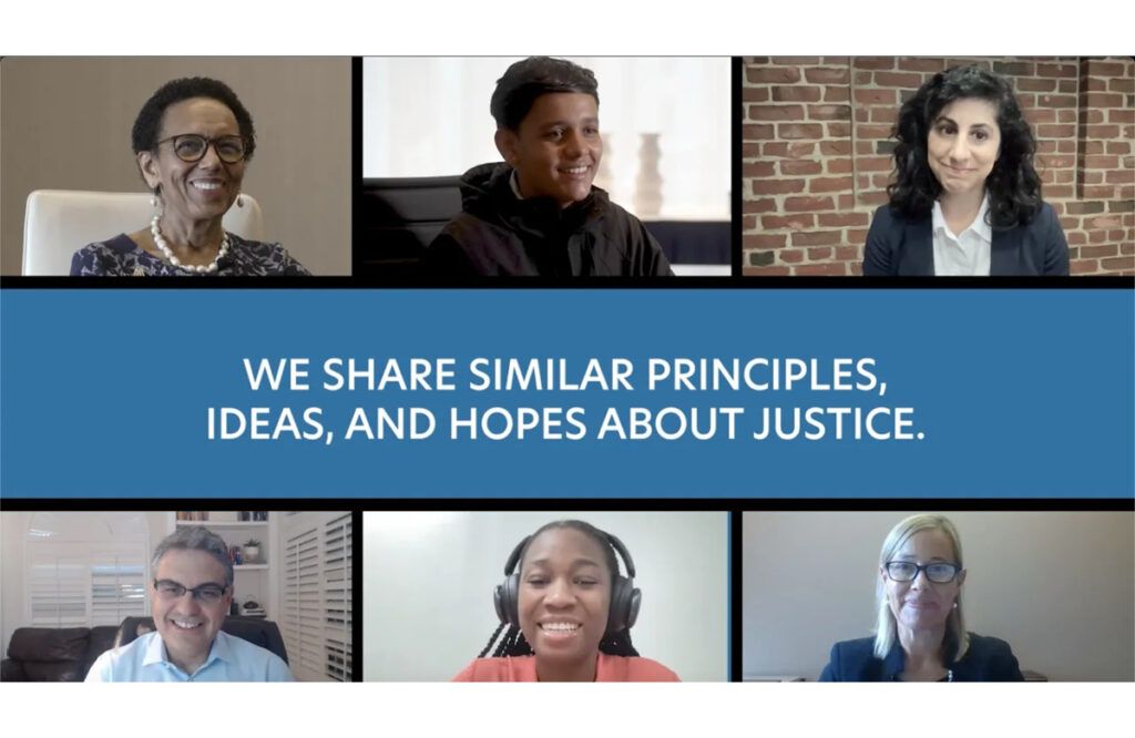 Text reads: "We share similar principles, ideas, and hopes about justice." Above and below the text is 3 frames of different people smiling at the camera.