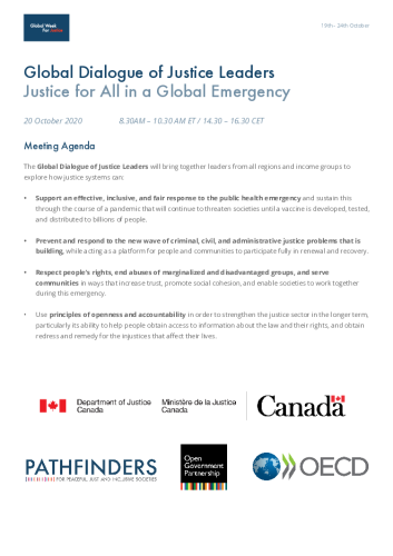 Front page of Global Dialogue of Justice Leaders: Justice for All in a Global Emergency (Meeting Agenda)
