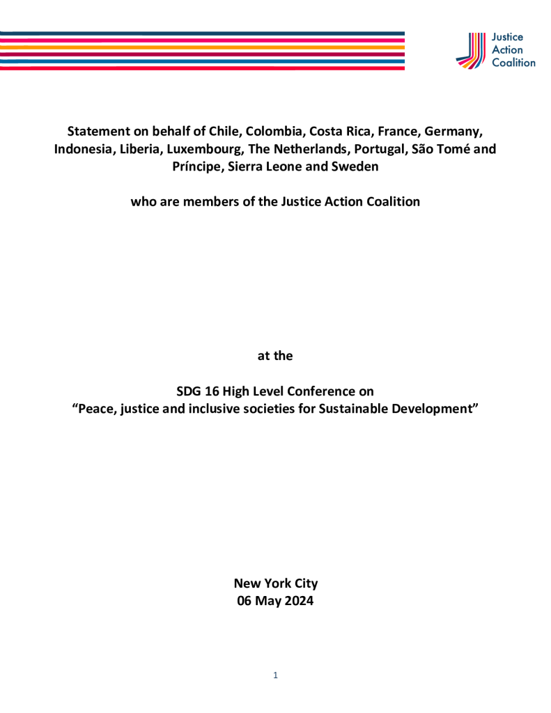 Front page of Justice Action Coalition Statement at SDG16 Conference 2024