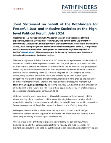 Front page of Joint Statement on Behalf of the Pathfinders for Peaceful, Just and Inclusive Societies at the 2024 High-Level Political Forum