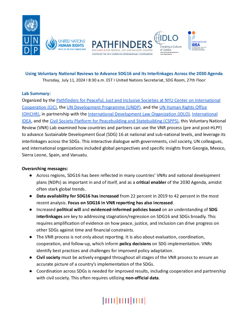 Front page of Summary: Using Voluntary National Reviews to Advance SDG16 and its Interlinkages Across the 2030 Agenda