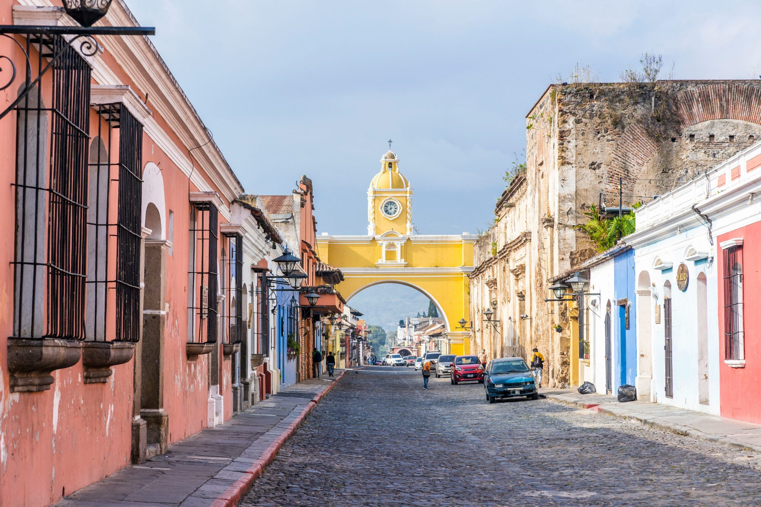 Colorful buildings on a street in the early morning in Antigua, Guatamala