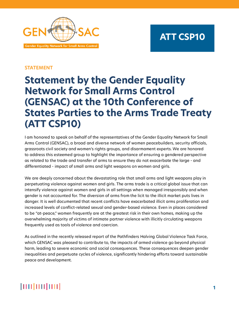 Front page of Statement by the Gender Equality Network for Small Arms Control (GENSAC) at the 10th Conference of States Parties to the Arms Trade Treaty (ATT CSP10)