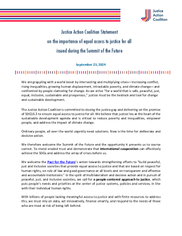 Front page of Justice Action Coalition Statement  On the Importance of Equal Access to Justice for All  Issued During the Summit of the Future