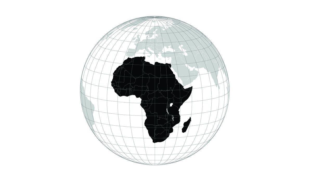 Black and white grid globe focused on Africa continent.