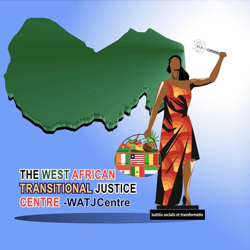 West African Transitional Justice Centre text below a green outline of West Africa. African women wearing colorful clothing and holding a basket is on the right of the text.