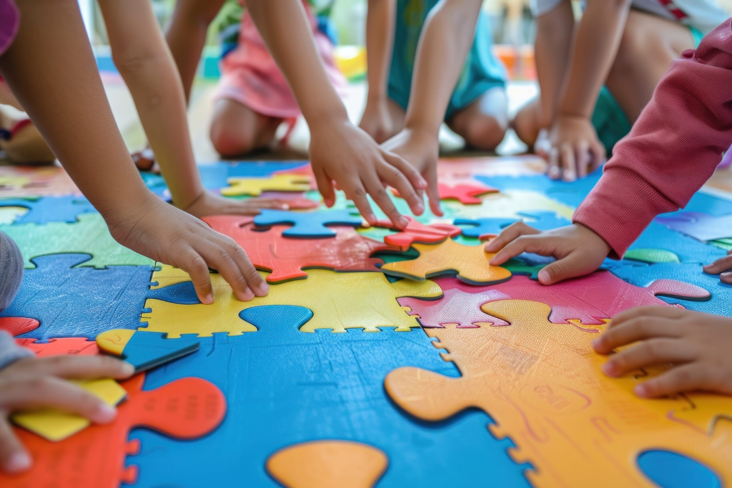 Photo of children putting puzzle pieces together on the floor.