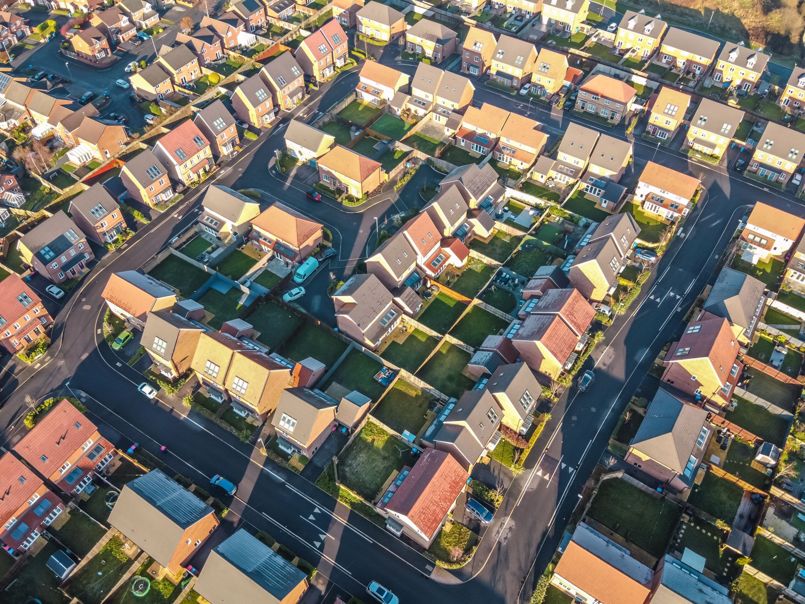 Aerial houses of residential neighborhood in England.