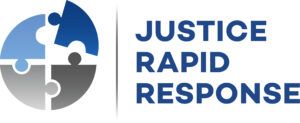 Four puzzle pieces in a circle (blue and gray) next to the text: Justice Rapid Response