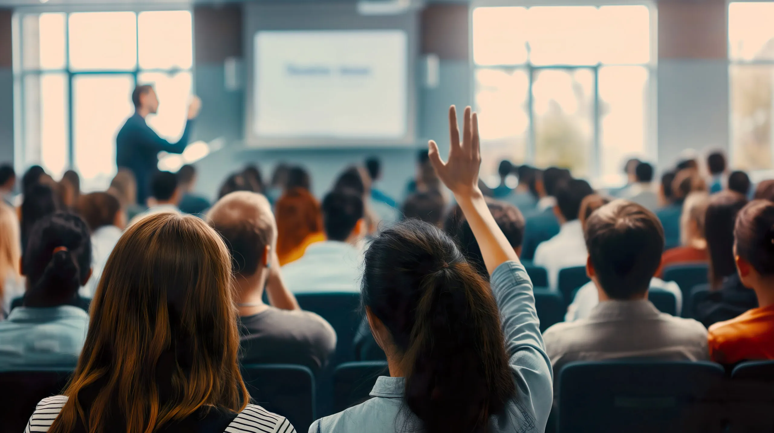 Businesswoman raising hand up to ask question with speaker in seminar conference.