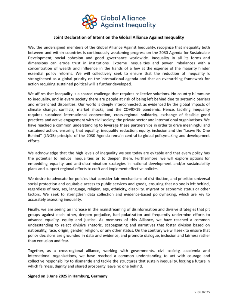 Front page of Joint Declaration of Intent on the Global Alliance Against Inequality