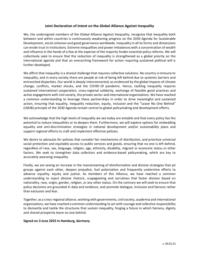 Front page of Joint Declaration of Intent on the Global Alliance Against Inequality
