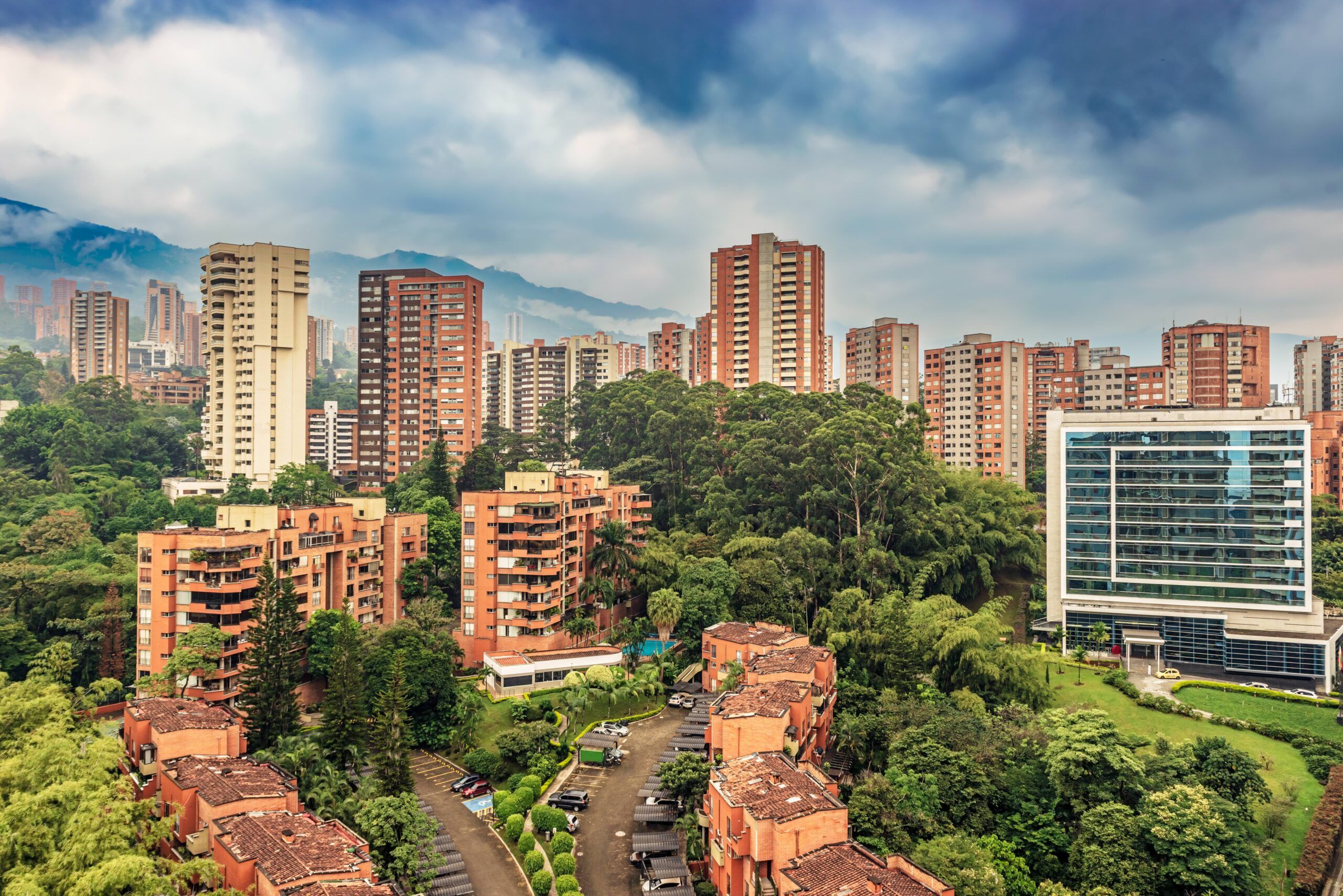Panoramic view at the condominium, apartment buildings at the exclusive area of Medellin called El Poblado, Colombia.