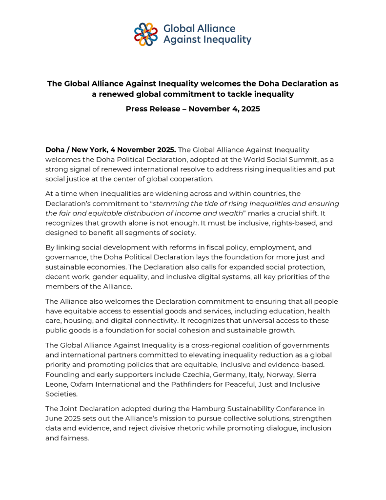 Front page of The Global Alliance Against Inequality Welcomes the Doha Declaration as a Renewed Global Commitment to Tackle Inequality