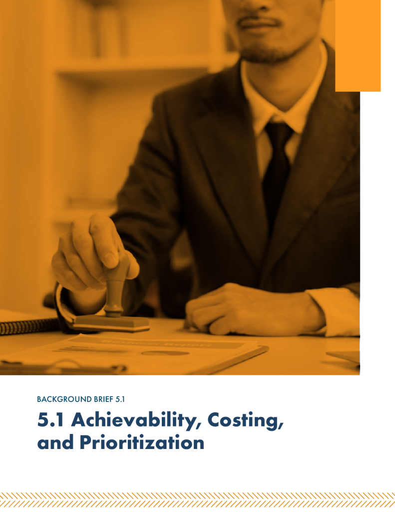 Front page of Justice Financing Framework: Background Brief 5.1 Achievability, Costing, and Prioritization