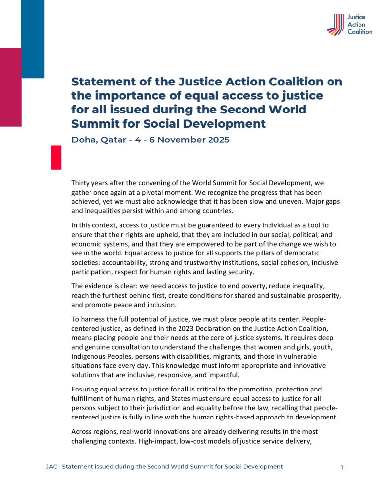 Front page of Justice Action Coalition Statement at the 2025 World Summit for Social Development